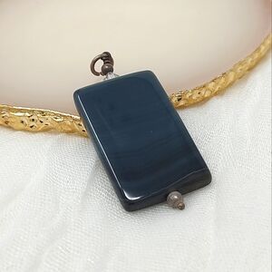Rectangle smooth stone pendant, smoky blue color with silver finding